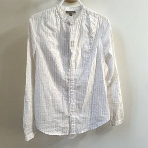 Women’s Lilla P XS white blouse with gold metallic threads. No collar.